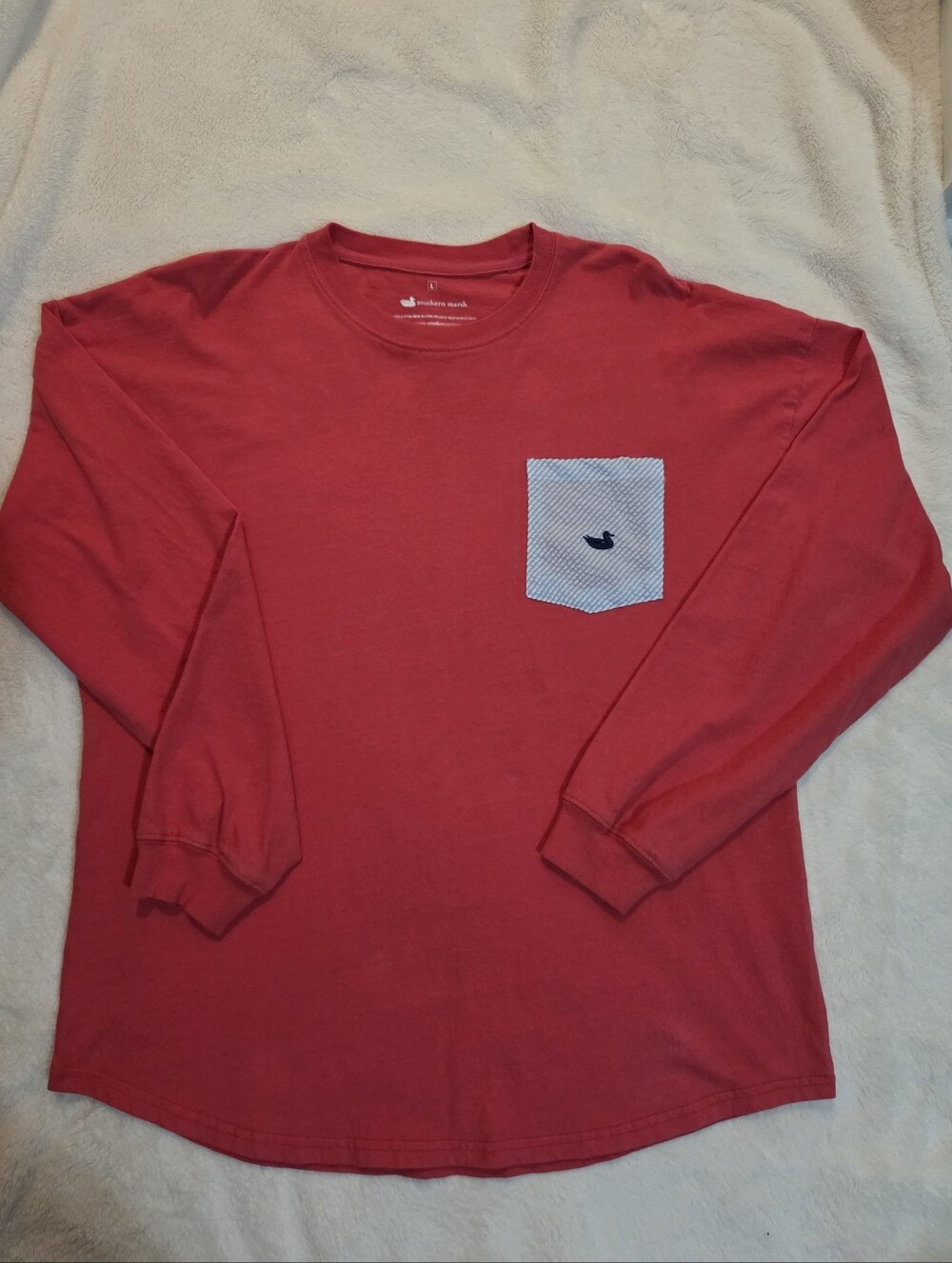 Southern Marsh Coral Pink Long Sleeve Tee with Striped Pocket